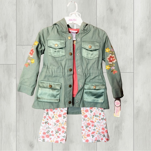 Little Lass Other - Little Lass 3-Piece Hooded Jacket with Floral Embroidery, Top, Pants - 6